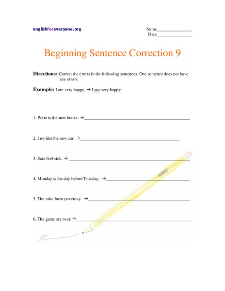 Beginning Sentence Correction Worksheet