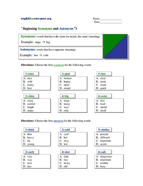 Beginning Synonyms and Antonyms Worksheet