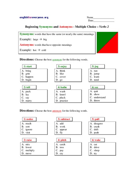 Beginning Synonyms and Antonyms Worksheet