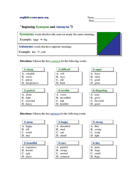 Beginning Synonyms and Antonyms Worksheet