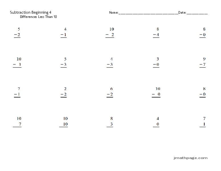 Beginning Subtraction: Differences Less Than 10 Worksheet