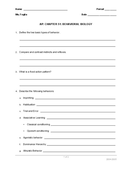 Behavioral Biology Worksheet