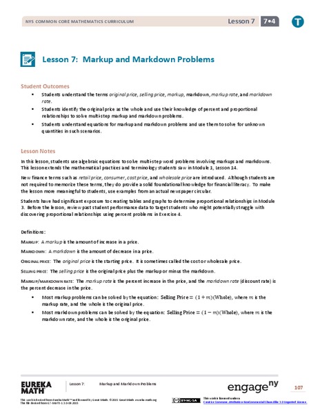 Markup and Markdown Problems Lesson Plan