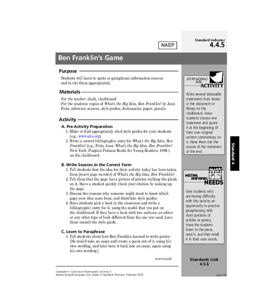 Ben Franklin's Game Lesson Plan