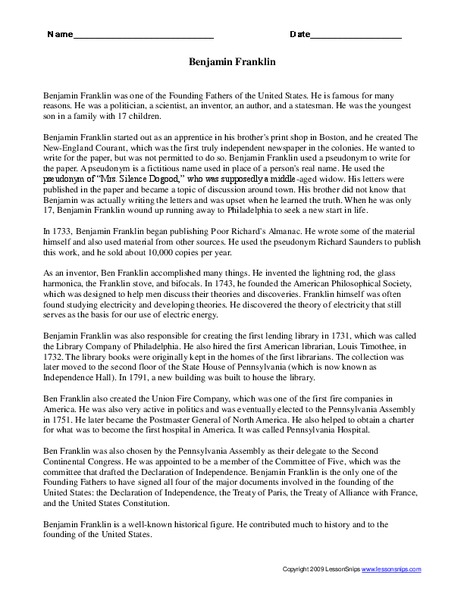 Benjamin Franklin Worksheet