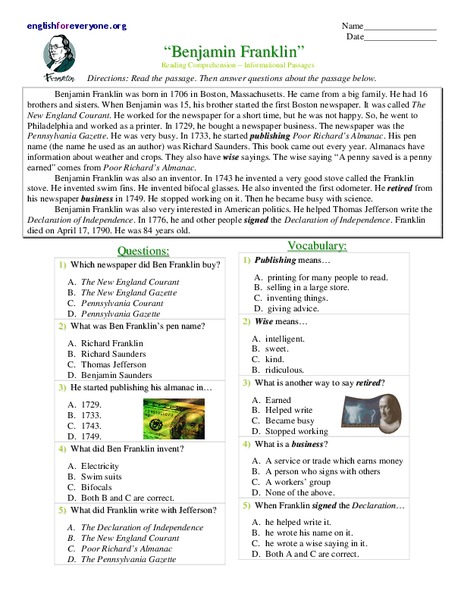 Benjamin Franklin Worksheet