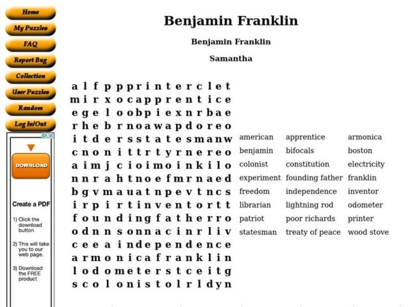 Benjamin Franklin Word Search Worksheet