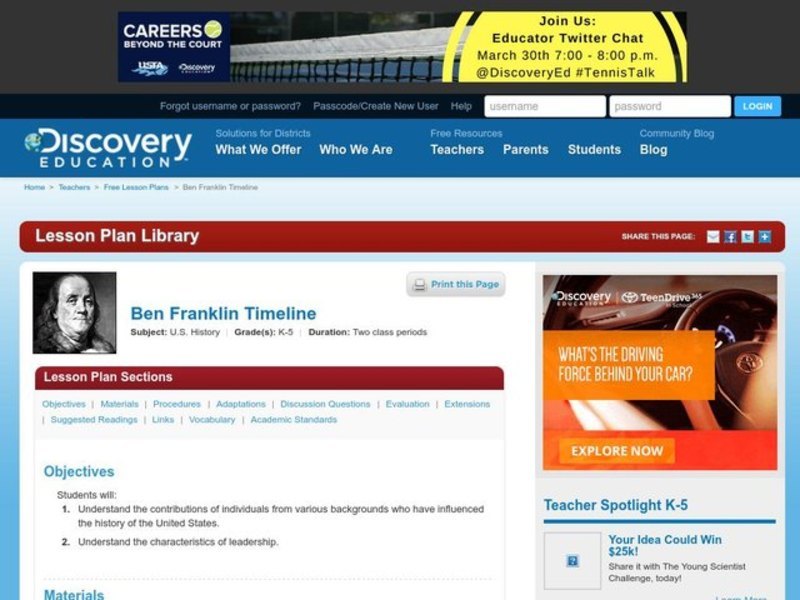 Ben Franklin Timeline Lesson Plan