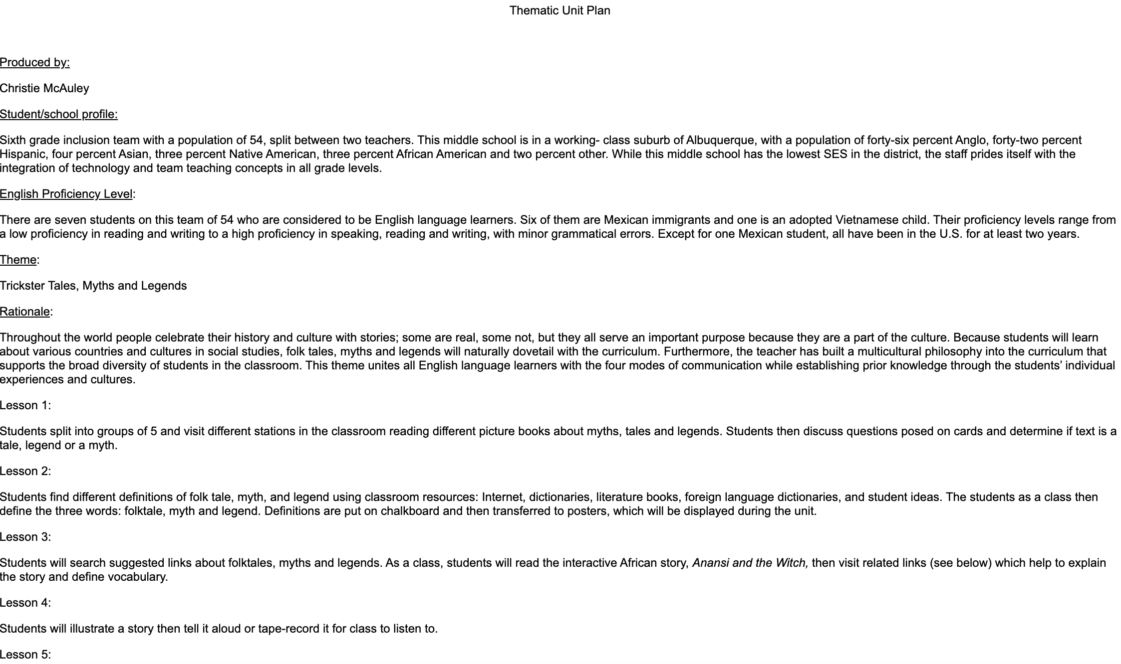 Legends and Myths: Trickster Tales Lesson Plan