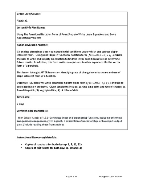 Point-Slope Application Problems Lesson Plan