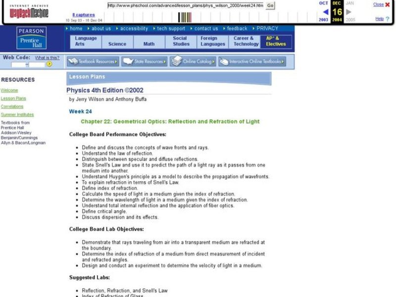 Geometrical Optics: Reflection and Refraction of Light Unit Plan
