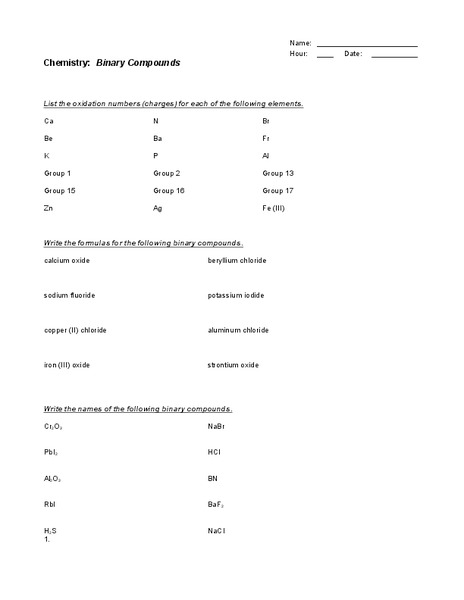 Binary Compounds Worksheet