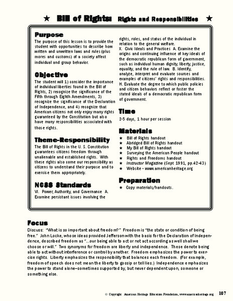 Bill of Rights: Rights and Responsibilities Lesson Plan