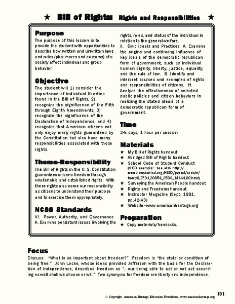 Bill of Rights: Rights and Responsibilities Lesson Plan