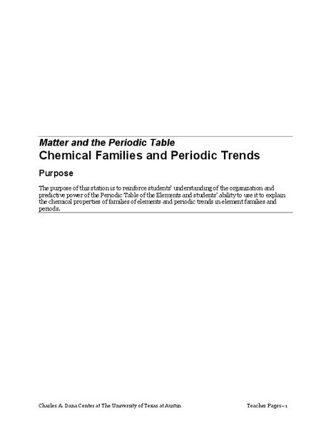 Matter and the Periodic Table Chemical Families and Periodic Trends Lesson Plan