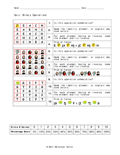 Binary Operations Worksheet