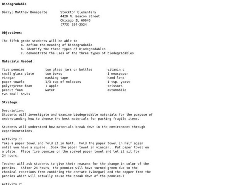 Biodegradable Lesson Plan