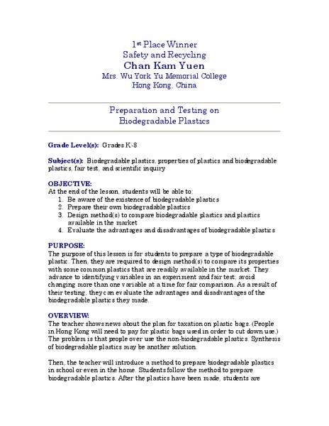 Biodegradable Plastics Lesson Plan