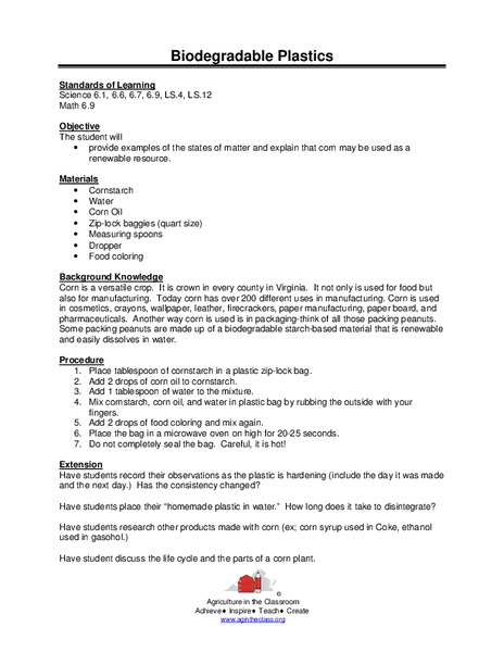 Biodegradable Plastics Lesson Plan