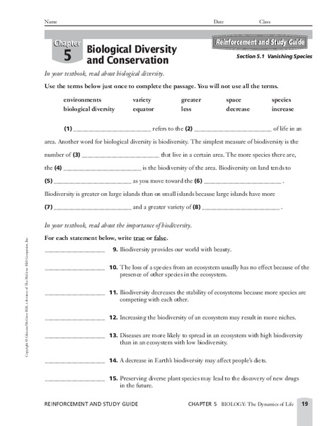 Biological Diversity and Conservation Worksheet