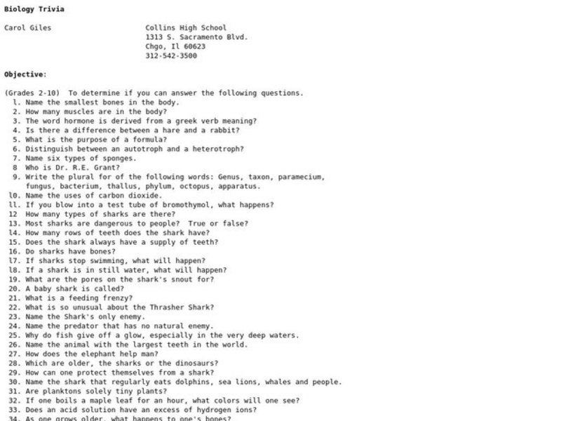 Biology Trivia Lesson Plan