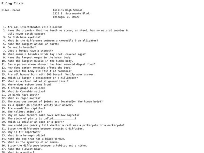 Biology Trivia Worksheet