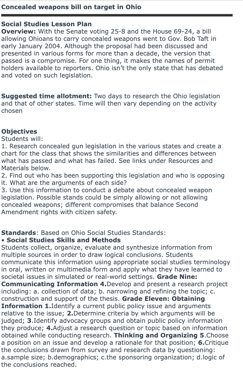 Concealed weapons bill on target in Ohio Lesson Plan