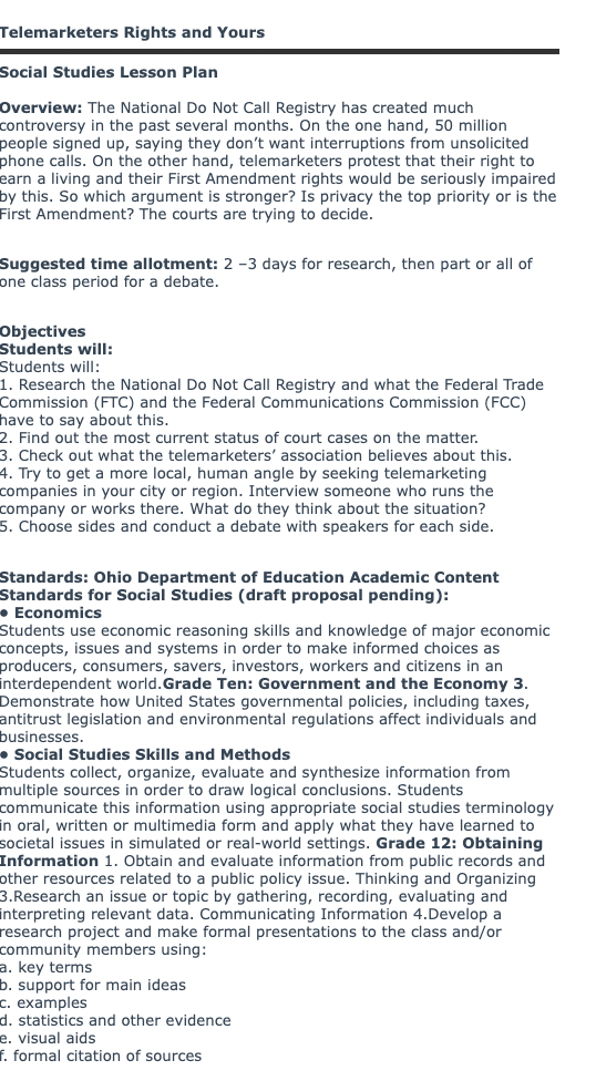 Telemarketers Rights and Yours Lesson Plan