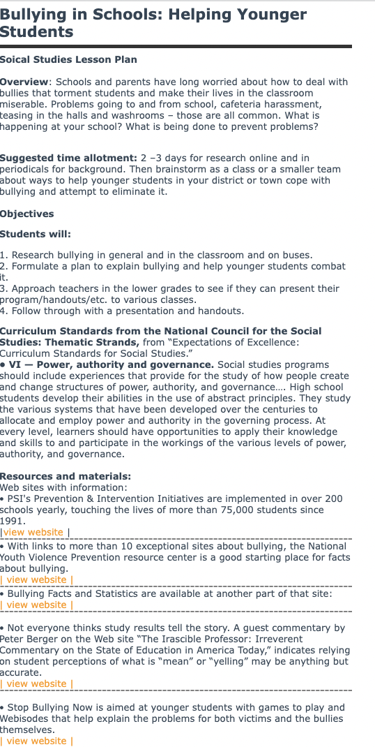 Social Studies: Bullying Prevention Program Lesson Plan