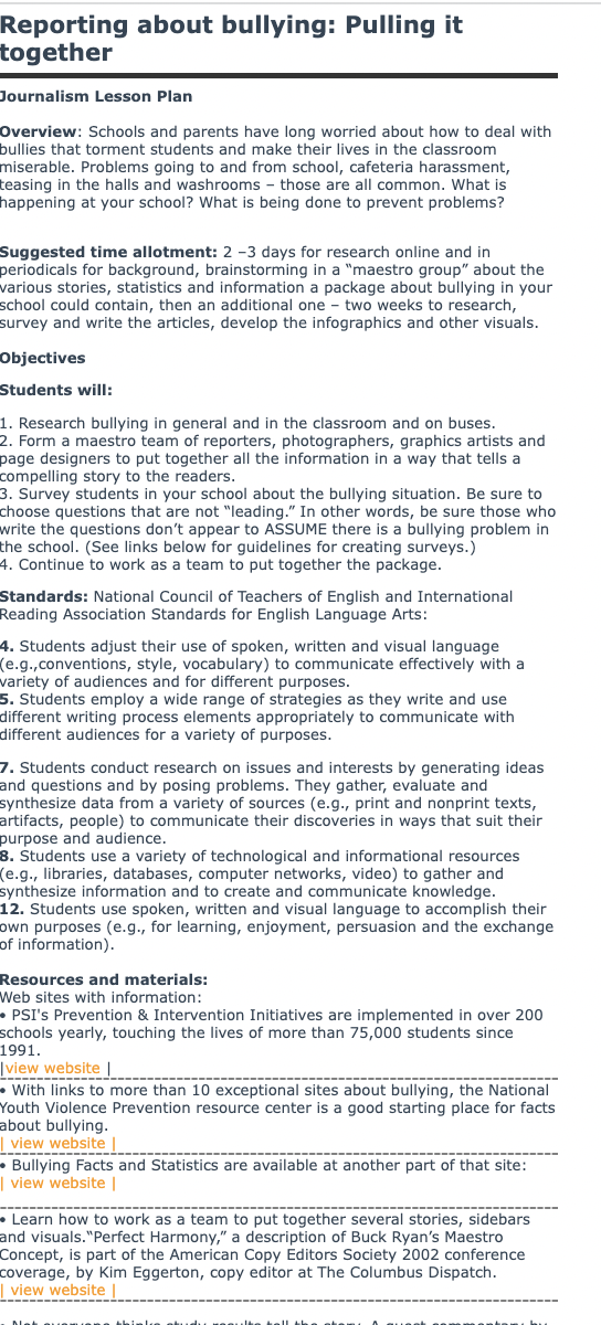 Journalism: Bullying Research Lesson Plan