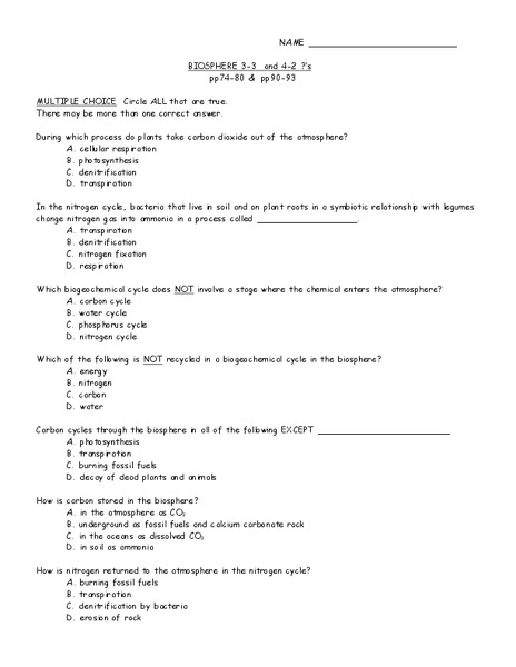 Biosphere Worksheet