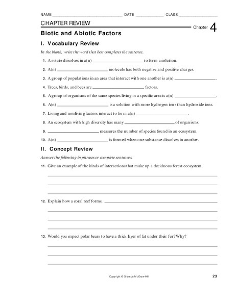 Biotic and Abiotic Factors Worksheet