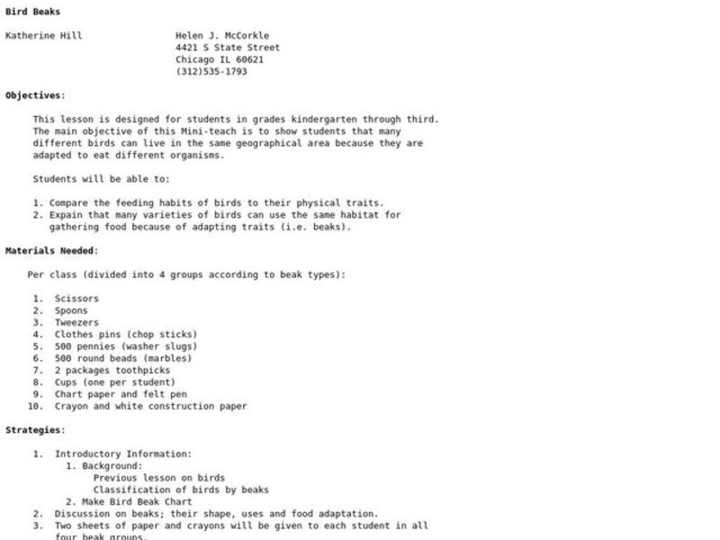 Bird Beaks Lesson Plan