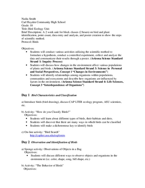 Bird Ecology Unit Lesson Plan