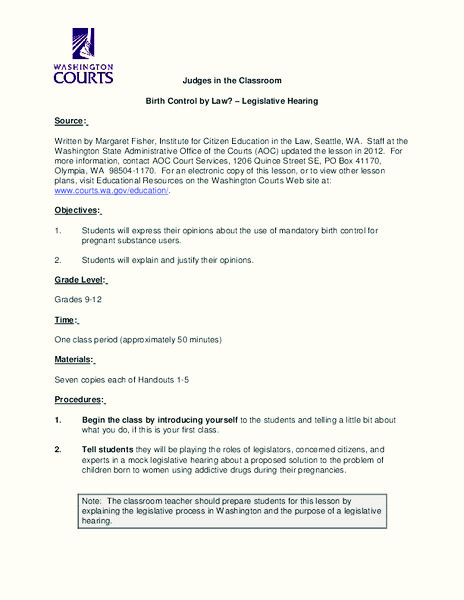 Birth Control By Law? - Legislative Hearing Lesson Plan