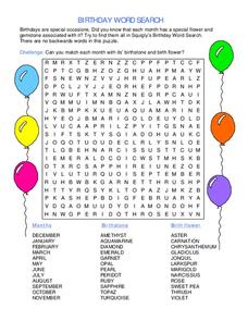 Birthday Word Search Worksheet