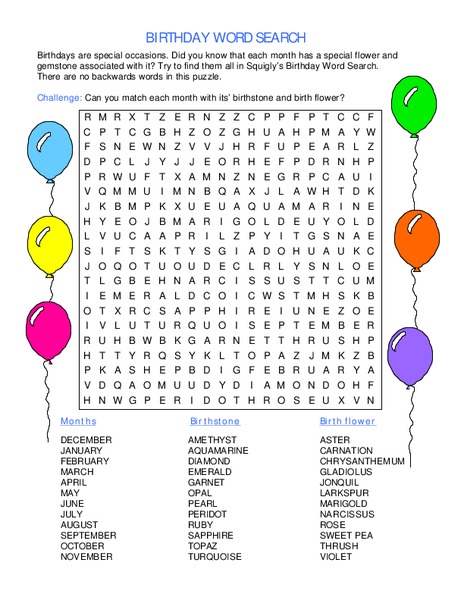 Birthday Word Search Worksheet