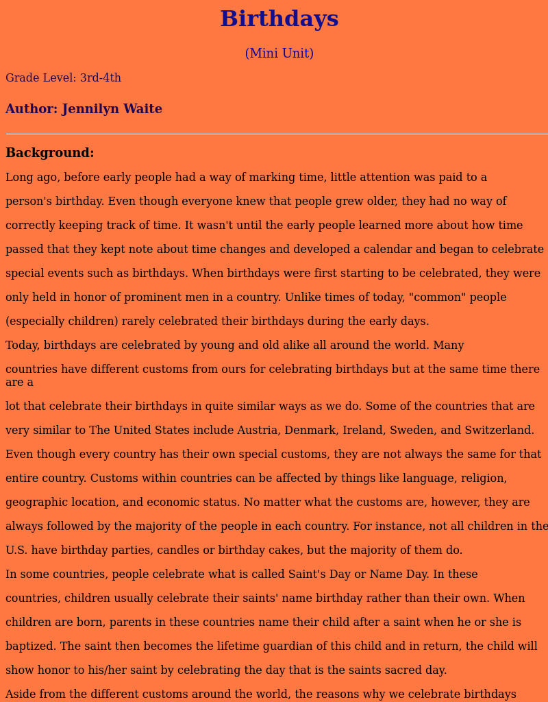 Birthdays Lesson Plan