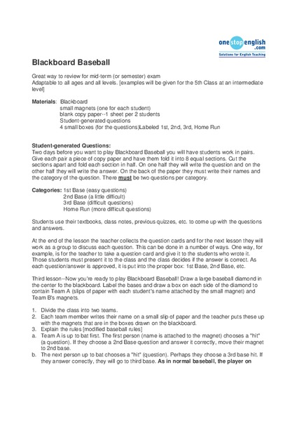 Blackboard Baseball Lesson Plan