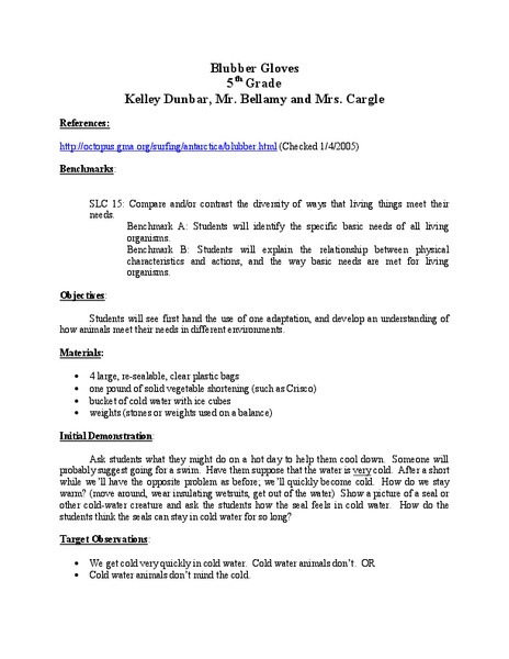 Blubber Gloves Lesson Plan