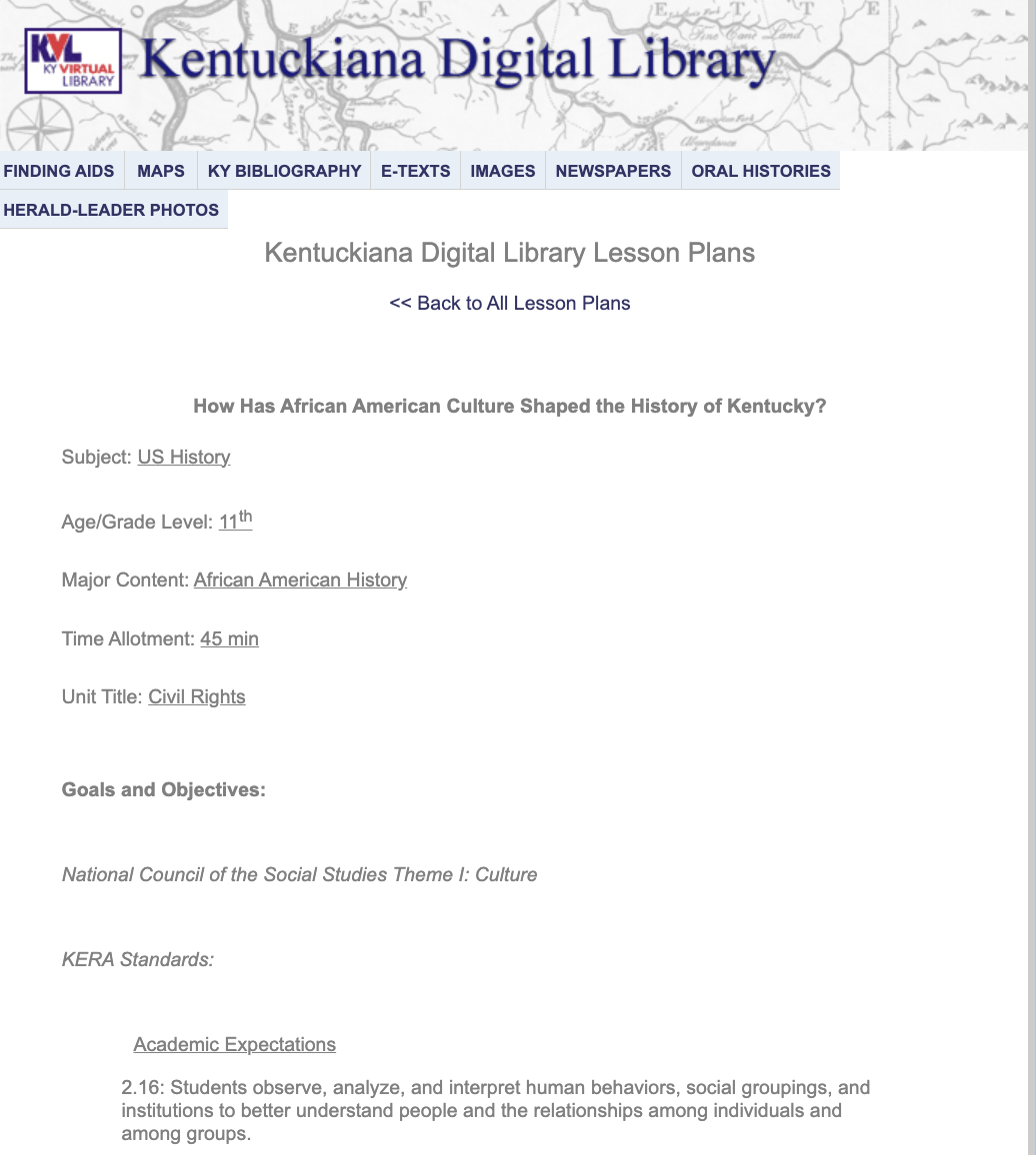 How Has African American Culture Shaped the History of Kentucky? Lesson Plan