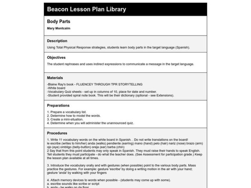 Body Parts Lesson Plan