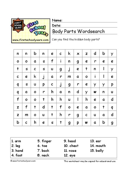 Body Parts Word Search Worksheet