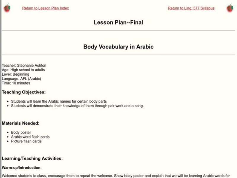 Body Vocabulary in Arabic Lesson Plan