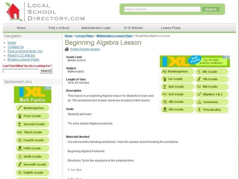 Beginning Algebra Lesson Lesson Plan