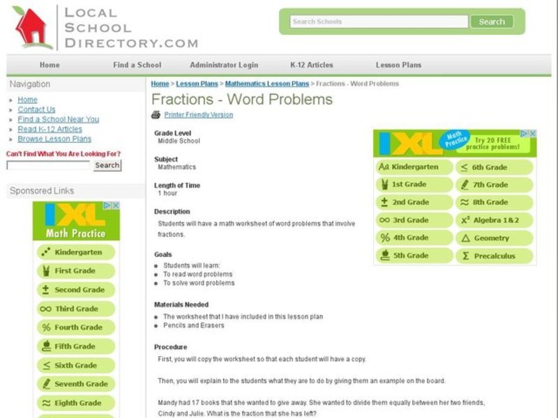 Fractions-Word Problems Lesson Plan