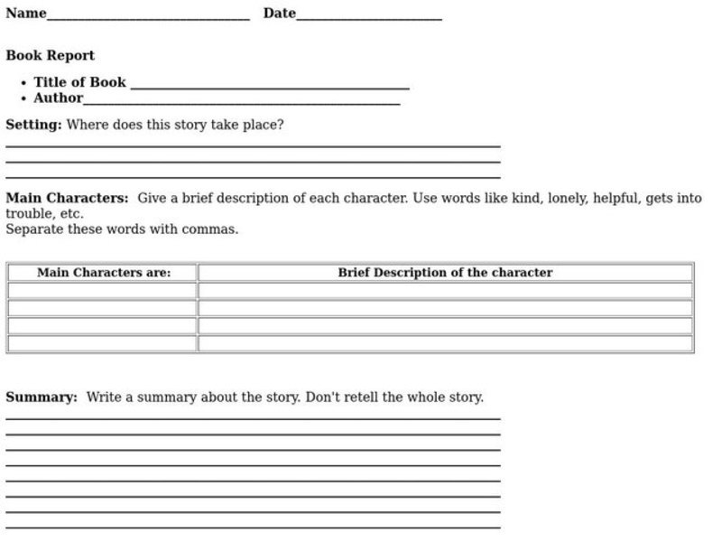Book Report Worksheet