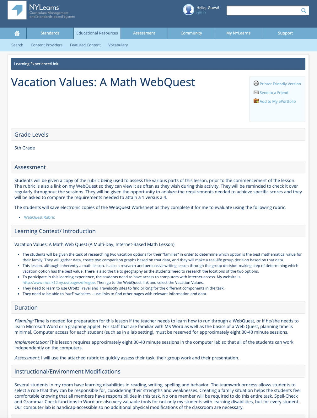 Vacation Values: A Math WebQuest Lesson Plan
