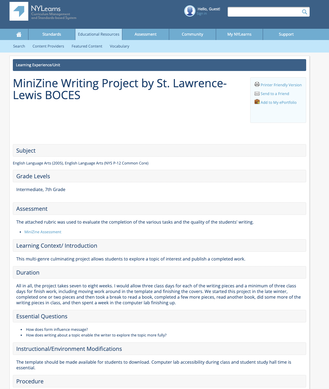 MiniZine Writing Project Lesson Plan