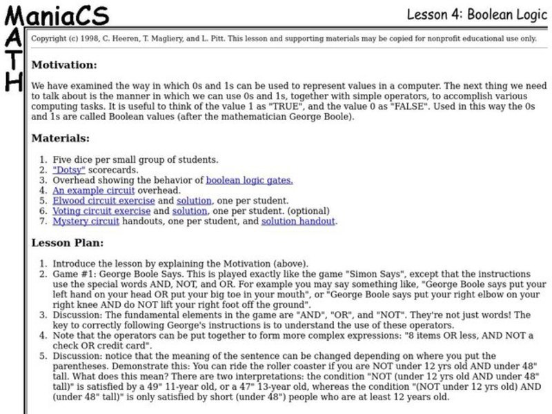 Boolean Algebra Lesson Plan